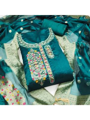 Sea green graceful jacquard embroidered unstitched dress material with banarasi dupatta 2