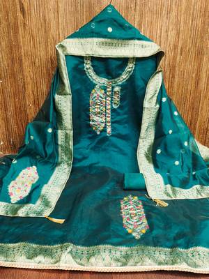 Sea green graceful jacquard embroidered unstitched dress material with banarasi dupatta 3