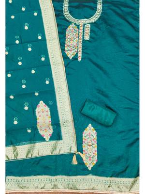 Sea green graceful jacquard embroidered unstitched dress material with banarasi dupatta 4