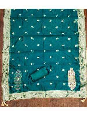 Sea green graceful jacquard embroidered unstitched dress material with banarasi dupatta 5
