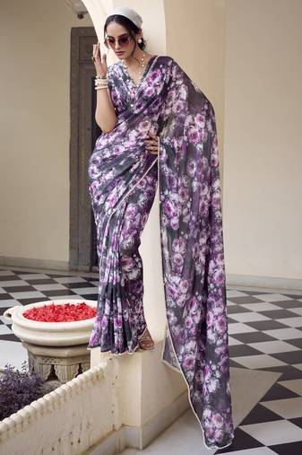 Purple Grey Floral Saree with Pearl Lace Elegance