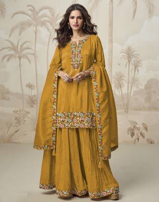 Yellow embroidered roman simar free size stitched palazzo style salwar suit 1