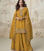 Yellow embroidered roman simar free size stitched palazzo style salwar suit
