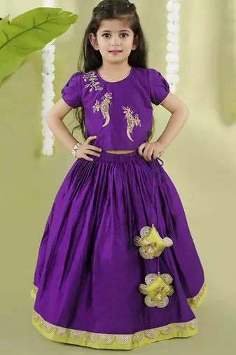 Purple cotton silk embroidered girls gharara paired with blouse