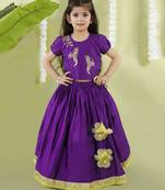 Purple cotton silk embroidered girls gharara paired with blouse