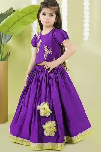 Purple cotton silk embroidered girls gharara paired with blouse