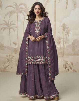 Wine embroidered roman simar free size stitched palazzo style salwar suit 1