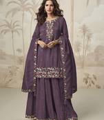 Wine embroidered roman simar free size stitched palazzo style salwar suit