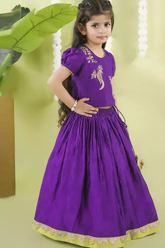 Purple cotton silk embroidered girls gharara paired with blouse