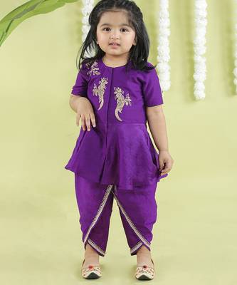 Purple cotton silk embroidered girls top & dhoti 1