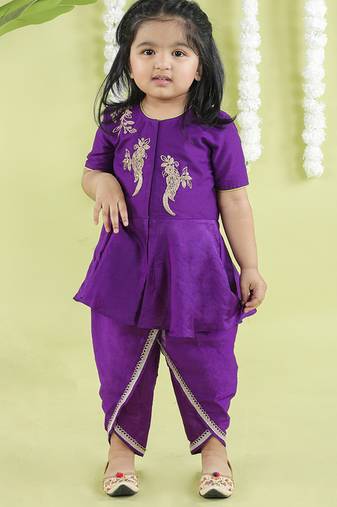 Purple cotton silk embroidered girls top & dhoti
