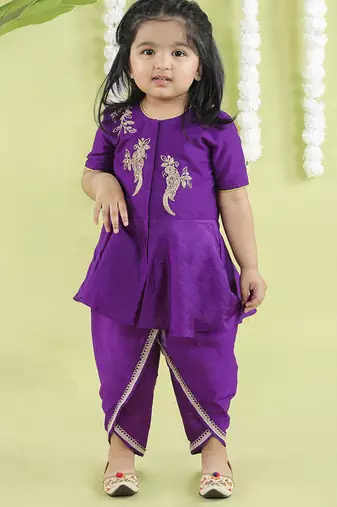Purple cotton silk embroidered girls top & dhoti