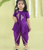 Purple cotton silk embroidered girls top & dhoti