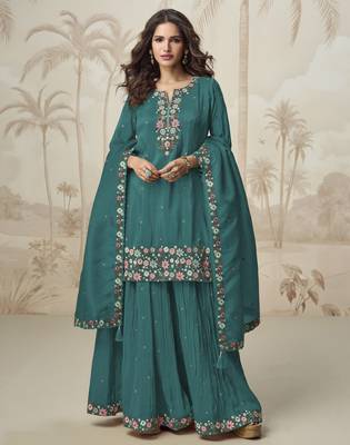 Aqua green embroidered roman simar free size stitched palazzo style salwar suit 1