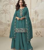 Aqua green embroidered roman simar free size stitched palazzo style salwar suit