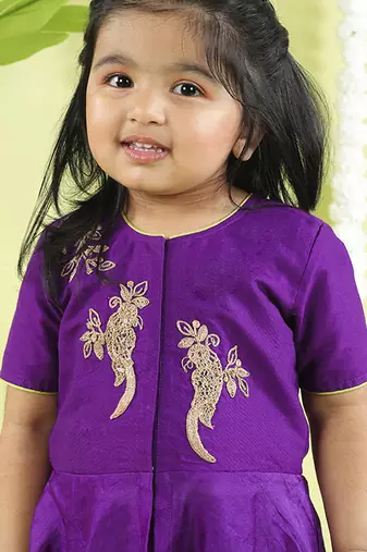 Purple cotton silk embroidered girls top & dhoti