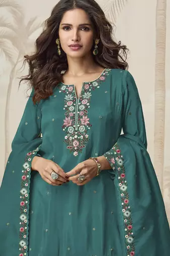 Aqua green embroidered roman simar free size stitched palazzo style salwar suit