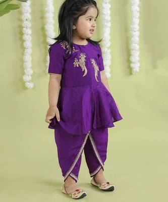 Purple cotton silk embroidered girls top & dhoti 3