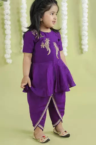 Purple cotton silk embroidered girls top & dhoti