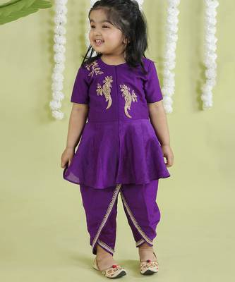 Purple cotton silk embroidered girls top & dhoti 4