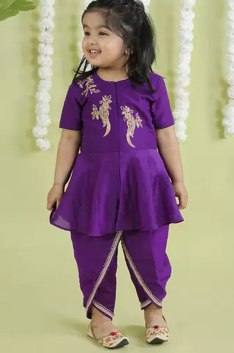 Purple cotton silk embroidered girls top & dhoti