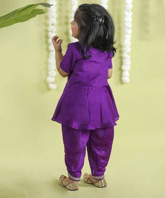 Purple cotton silk embroidered girls top & dhoti 5