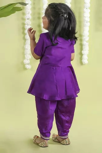 Purple cotton silk embroidered girls top & dhoti
