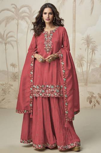 Red embroidered roman simar free size stitched palazzo style salwar suit