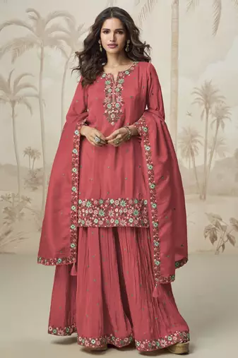 Red embroidered roman simar free size stitched palazzo style salwar suit