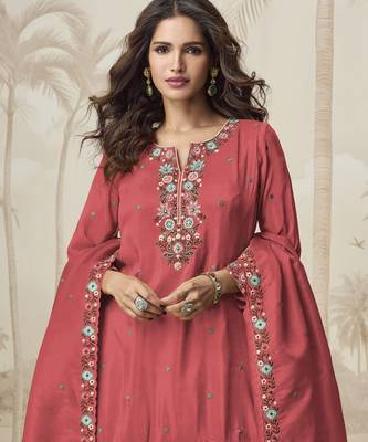Red embroidered roman simar free size stitched palazzo style salwar suit 2