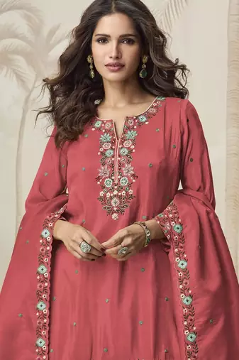 Red embroidered roman simar free size stitched palazzo style salwar suit