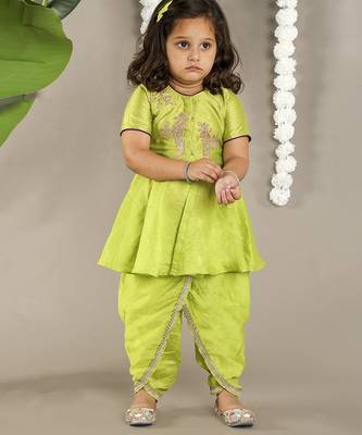Green cotton silk embroidered girls top & dhoti 1