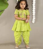 Green cotton silk embroidered girls top & dhoti