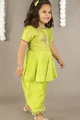 Green cotton silk embroidered girls top & dhoti