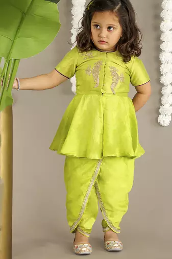 Green cotton silk embroidered girls top & dhoti