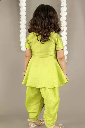 Green cotton silk embroidered girls top & dhoti