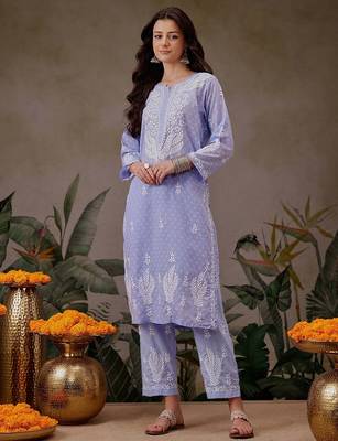 Hand embroidered mauve cotton lucknowi chikankari co-ord set 1