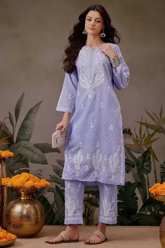 Hand embroidered mauve cotton lucknowi chikankari co-ord set