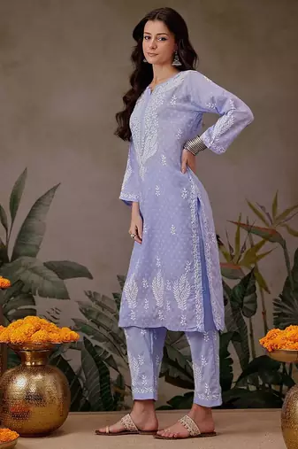 Hand embroidered mauve cotton lucknowi chikankari co-ord set