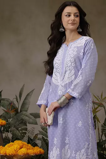 Hand embroidered mauve cotton lucknowi chikankari co-ord set