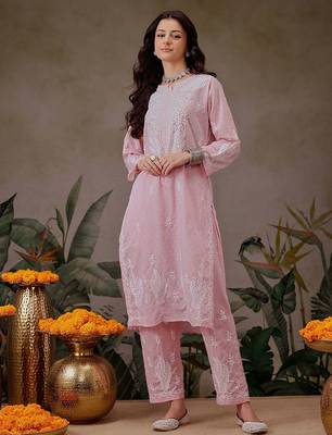 Hand embroidered pink cotton lucknowi chikankari co-ord set 1