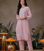 Hand embroidered pink cotton lucknowi chikankari co-ord set