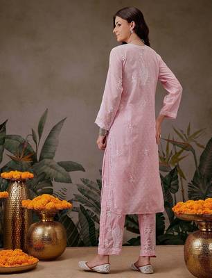 Hand embroidered pink cotton lucknowi chikankari co-ord set 2