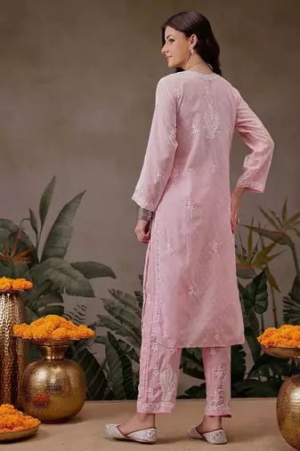 Hand embroidered pink cotton lucknowi chikankari co-ord set