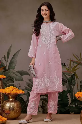 Hand embroidered pink cotton lucknowi chikankari co-ord set