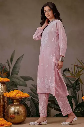 Hand embroidered pink cotton lucknowi chikankari co-ord set