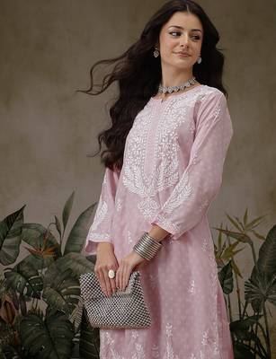 Hand embroidered pink cotton lucknowi chikankari co-ord set 5