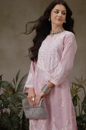Hand embroidered pink cotton lucknowi chikankari co-ord set
