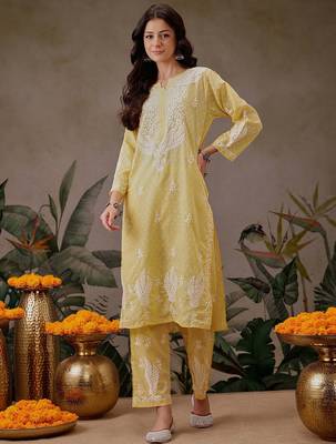 Hand embroidered yellow cotton lucknowi chikankari co-ord set 1
