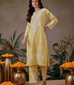Hand embroidered yellow cotton lucknowi chikankari co-ord set